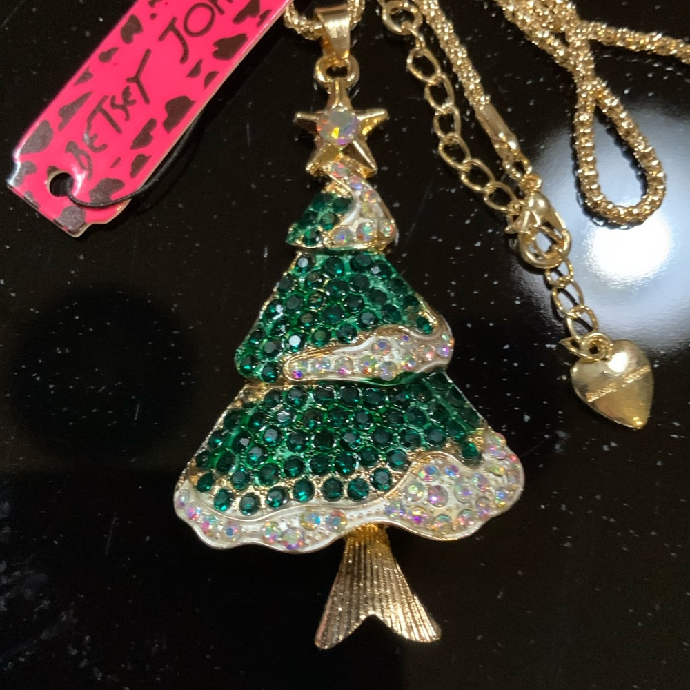 Betsey Johnson Christmas Tree Necklace Rhinestone Green White Gold Tone